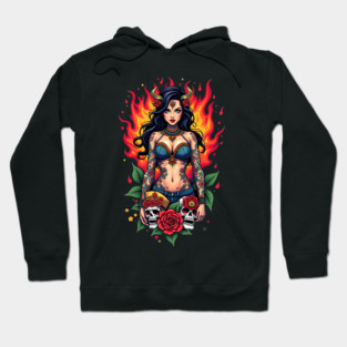 Tattooed Woman with Skulls and Flames Hoodie