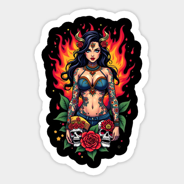 Tattooed Woman with Skulls and Flames Sticker by animegirlnft