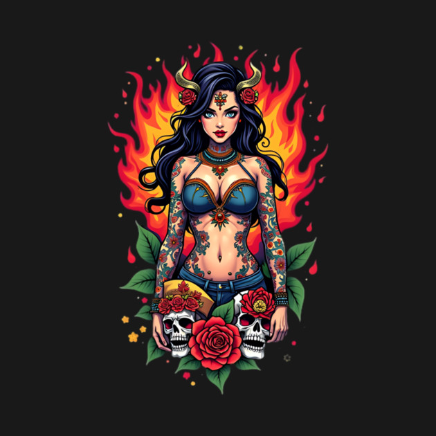 Tattooed Woman with Skulls and Flames by animegirlnft