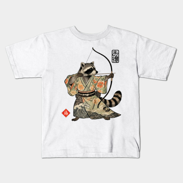 Raccoon Samauri Archery Japanese art aesthetic Kids T-Shirt by Luxinda