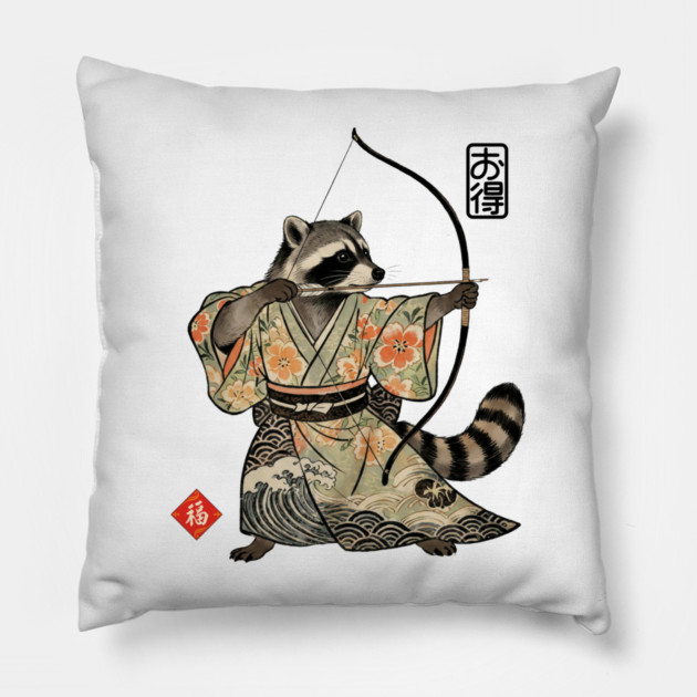 Raccoon Samauri Archery Japanese art aesthetic Pillow by Luxinda