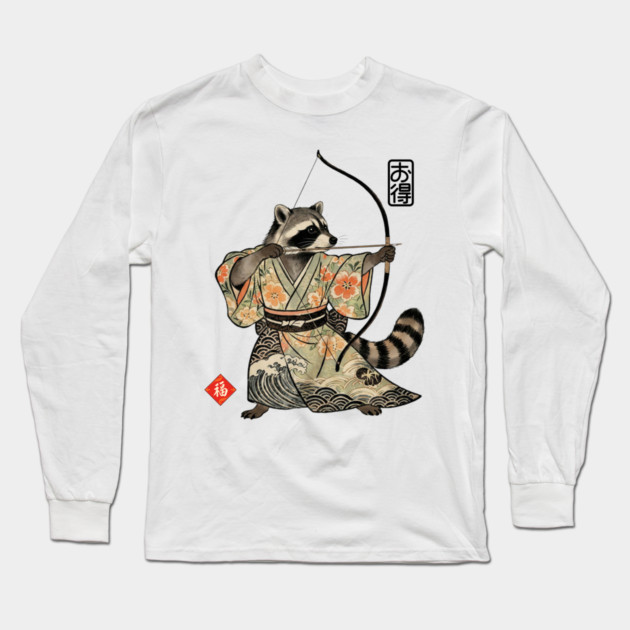 Raccoon Samauri Archery Japanese art aesthetic Long Sleeve T-Shirt by Luxinda