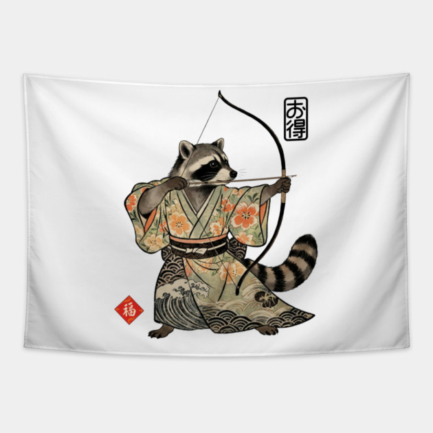 Raccoon Samauri Archery Japanese art aesthetic Tapestry by Luxinda