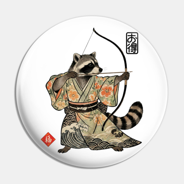Raccoon Samauri Archery Japanese art aesthetic Pin by Luxinda