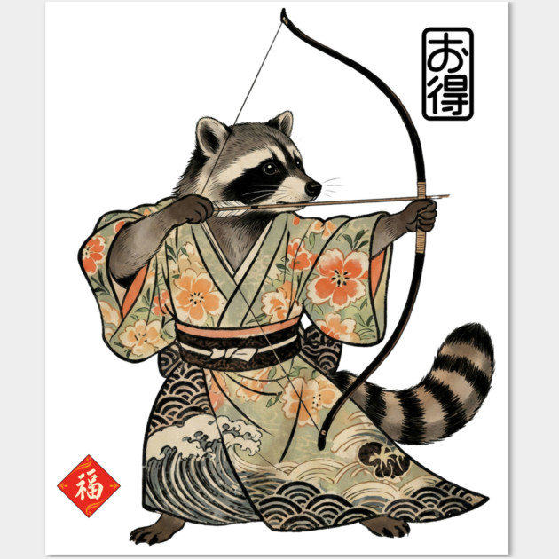Raccoon Samauri Archery Japanese art aesthetic Wall Art by Luxinda