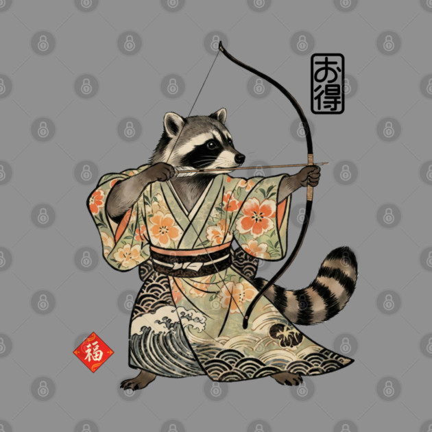 Raccoon Samauri Archery Japanese art aesthetic by Luxinda