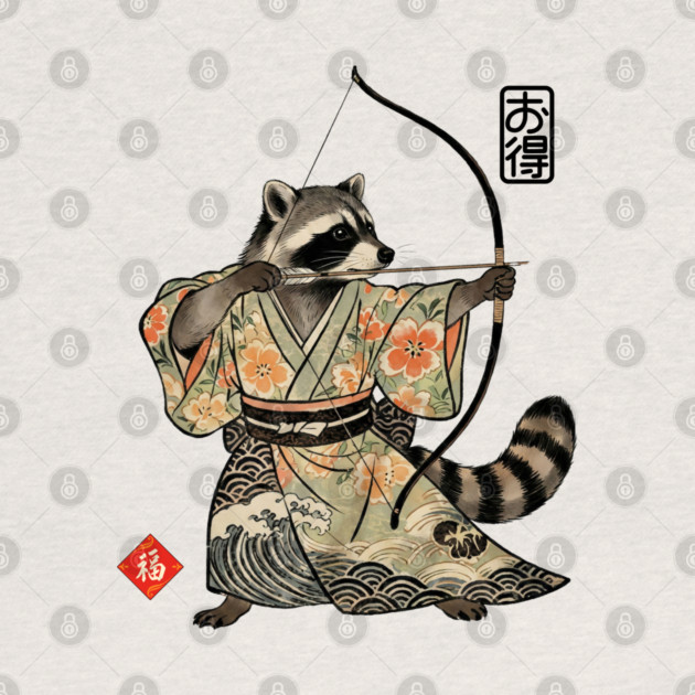Raccoon Samauri Archery Japanese art aesthetic by Luxinda