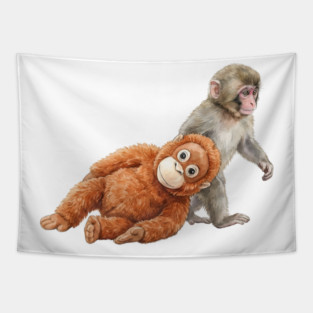 Baby Monkey Carrying Orangutan Primate Wildlife Animal Tapestry