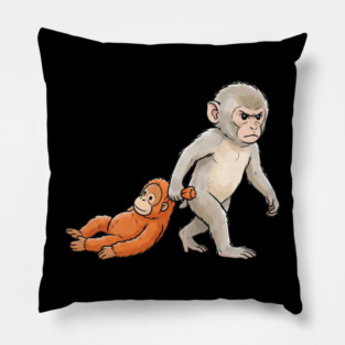 Funny Monkey Dragging Orangutan Primate Sibling Humor Pillow