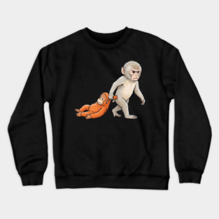 Funny Monkey Dragging Orangutan Primate Sibling Humor Crewneck Sweatshirt