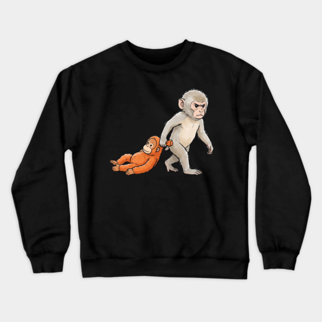 Funny Monkey Dragging Orangutan Primate Sibling Humor Crewneck Sweatshirt by ArtistTee ⭐⭐⭐⭐⭐