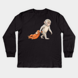 Funny Monkey Dragging Orangutan Primate Sibling Humor Kids Long Sleeve T-Shirt