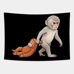 Funny Monkey Dragging Orangutan Primate Sibling Humor Tapestry