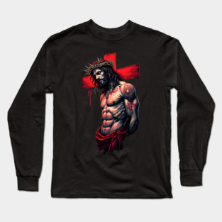Jesus Christ Crown of Thorns & Red Cross Long Sleeve T-Shirt