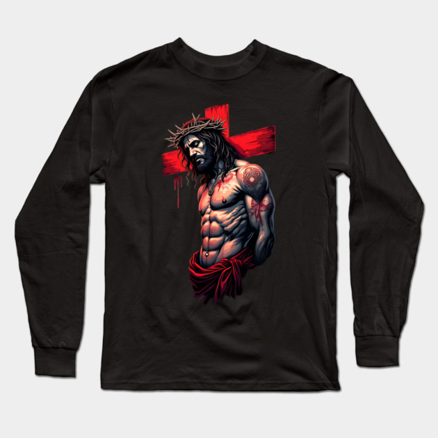 Jesus Christ Crown of Thorns & Red Cross Long Sleeve T-Shirt by animegirlnft