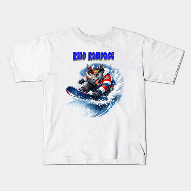 Rhino Rampage – USA Snowboard Shredder Kids T-Shirt by CrazyGirl