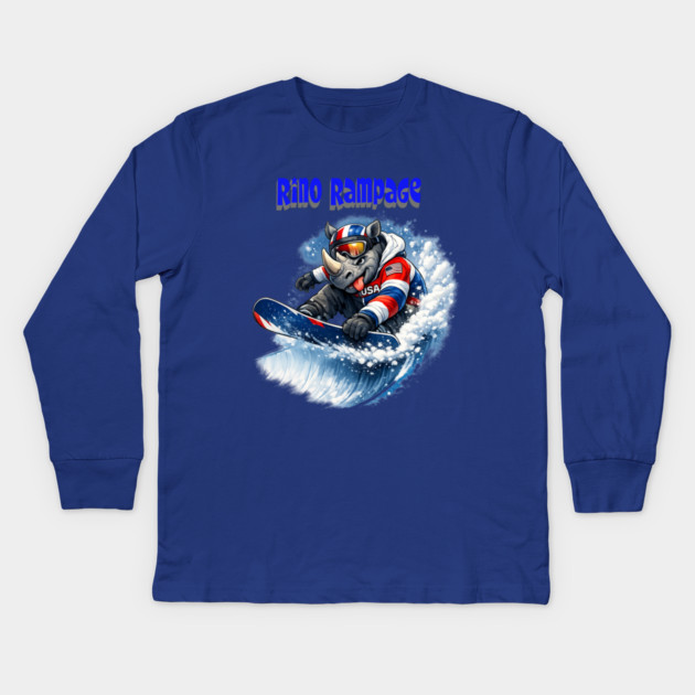 Rhino Rampage – USA Snowboard Shredder Kids Long Sleeve T-Shirt by CrazyGirl
