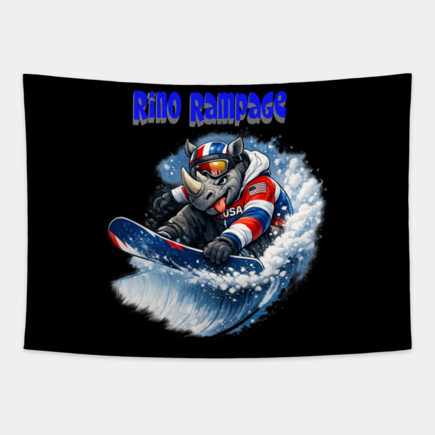 Rhino Rampage – USA Snowboard Shredder Tapestry by CrazyGirl