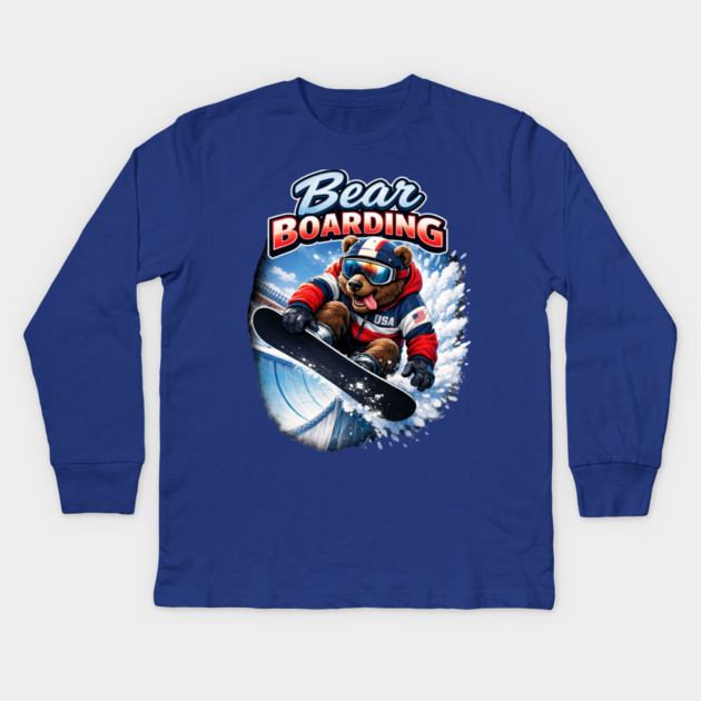 Bear Boarding Kids Long Sleeve T-Shirt by CrazyGirl