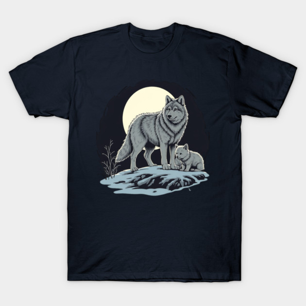Mother Wolf and Cub Under Full Moon T-Shirt by Valder’s Brothers