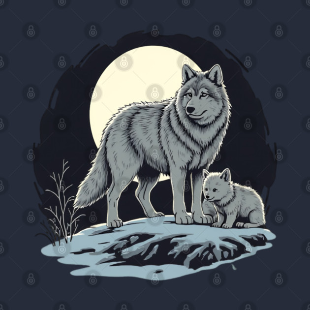 Mother Wolf and Cub Under Full Moon by Valder’s Brothers