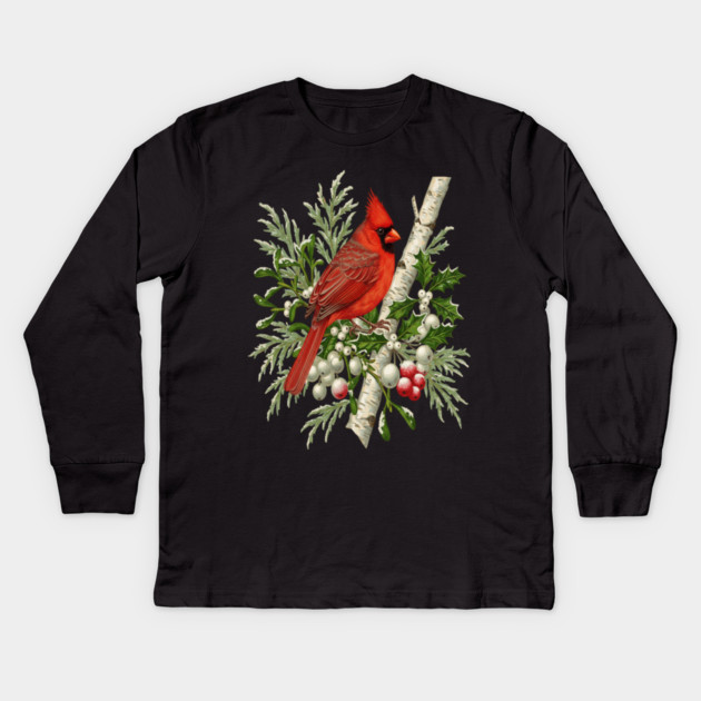Northern Cardinal Winter Bird Kids Long Sleeve T-Shirt by BirdsnStuff