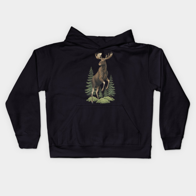 Moose in Forest Wildlife Kids Hoodie by BirdsnStuff
