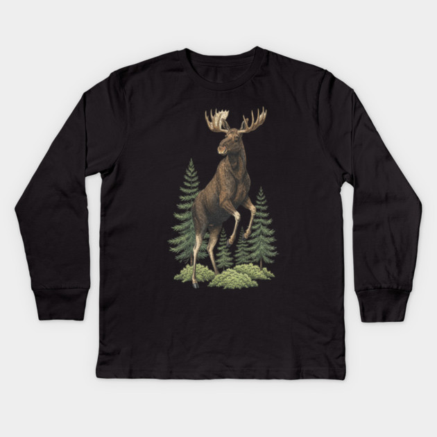 Moose in Forest Wildlife Kids Long Sleeve T-Shirt by BirdsnStuff