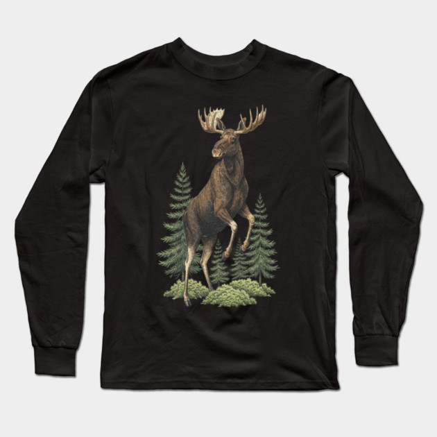 Moose in Forest Wildlife Long Sleeve T-Shirt by BirdsnStuff