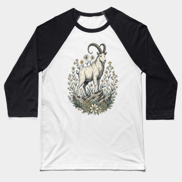 Mountain Goat Floral Mountain Wildlife Baseball T-Shirt by BirdsnStuff