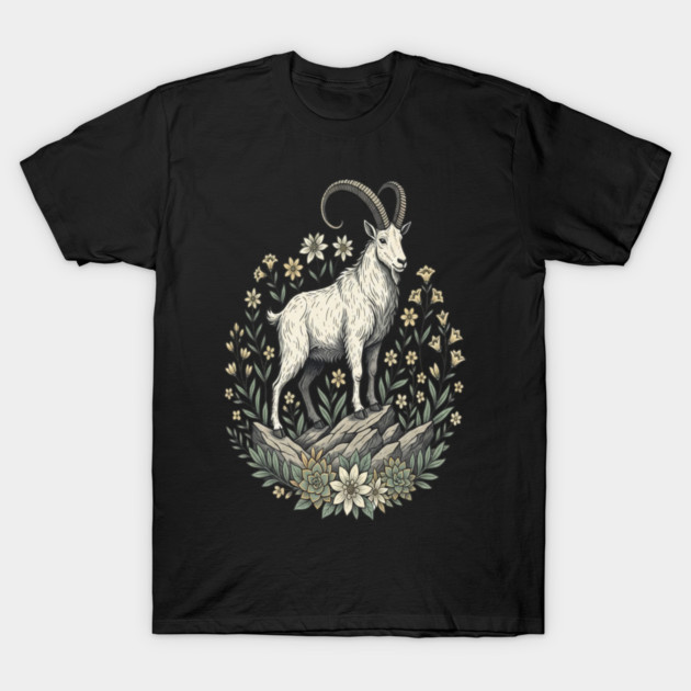 Mountain Goat Floral Mountain Wildlife T-Shirt by BirdsnStuff