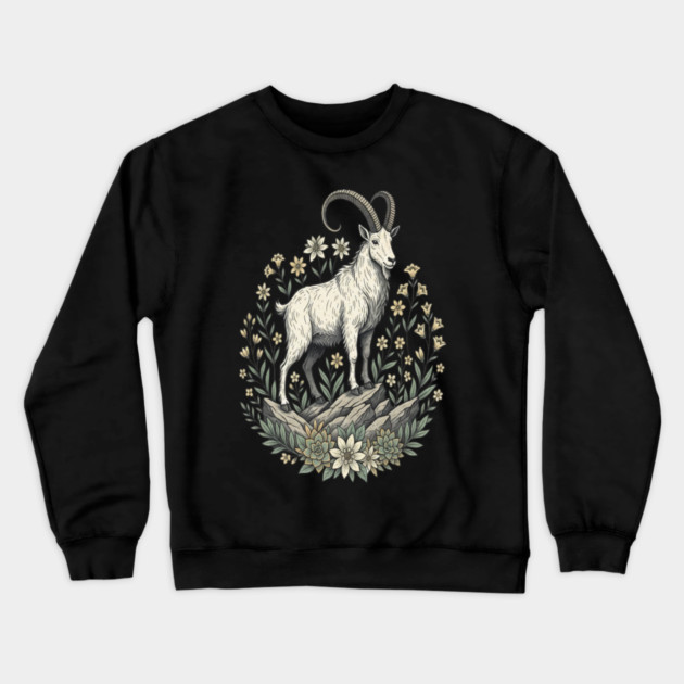 Mountain Goat Floral Mountain Wildlife Crewneck Sweatshirt by BirdsnStuff