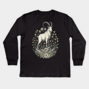 Mountain Goat Floral Mountain Wildlife Kids Long Sleeve T-Shirt