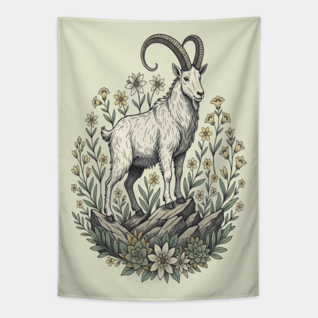 Mountain Goat Floral Mountain Wildlife Tapestry by BirdsnStuff