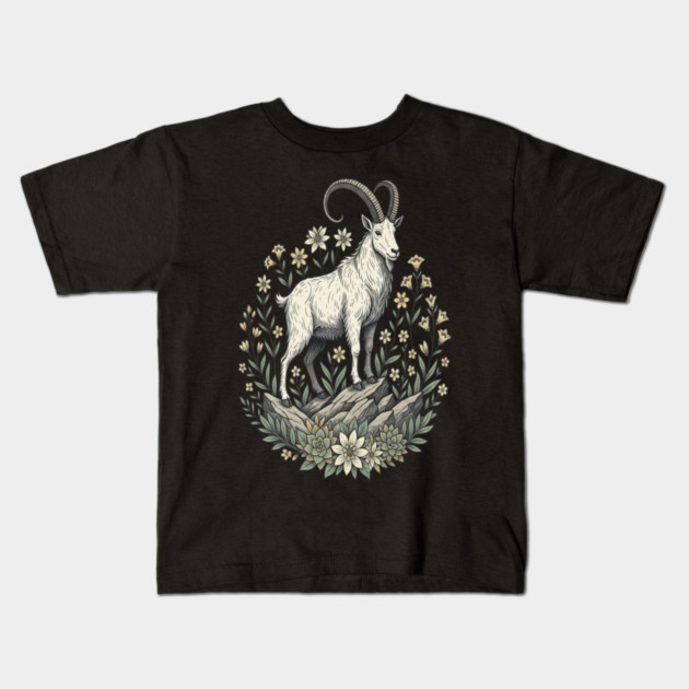Mountain Goat Floral Mountain Wildlife Kids T-Shirt by BirdsnStuff