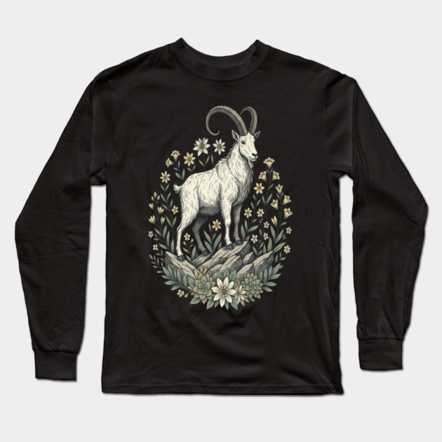 Mountain Goat Floral Mountain Wildlife Long Sleeve T-Shirt by BirdsnStuff