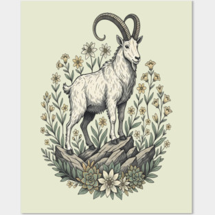 Mountain Goat Floral Mountain Wildlife Posters and Art