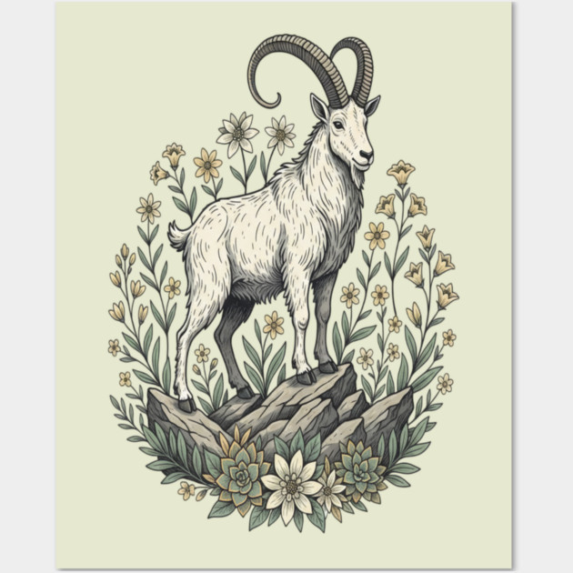 Mountain Goat Floral Mountain Wildlife Wall Art by BirdsnStuff