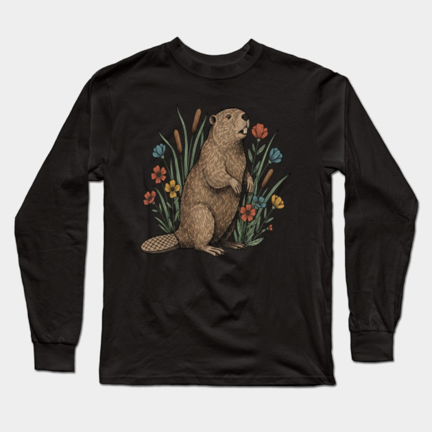 Beaver Wetland Wildlife Long Sleeve T-Shirt by BirdsnStuff