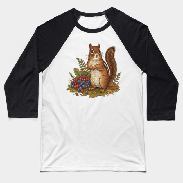 Chipmunk Gathering Berries Baseball T-Shirt by BirdsnStuff