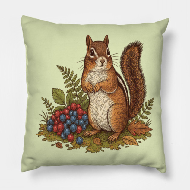 Chipmunk Gathering Berries Pillow by BirdsnStuff