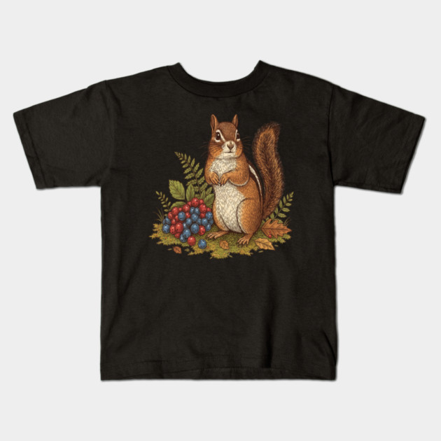 Chipmunk Gathering Berries Kids T-Shirt by BirdsnStuff