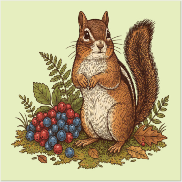 Chipmunk Gathering Berries Wall Art by BirdsnStuff