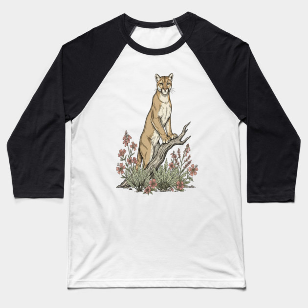 Mountain Lion in Desert Wildflowers Baseball T-Shirt by BirdsnStuff