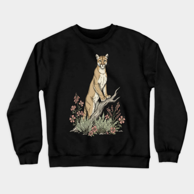 Mountain Lion in Desert Wildflowers Crewneck Sweatshirt by BirdsnStuff