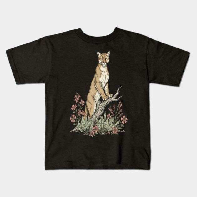 Mountain Lion in Desert Wildflowers Kids T-Shirt by BirdsnStuff