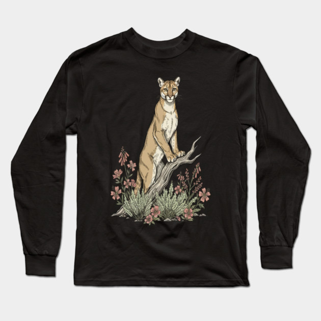 Mountain Lion in Desert Wildflowers Long Sleeve T-Shirt by BirdsnStuff