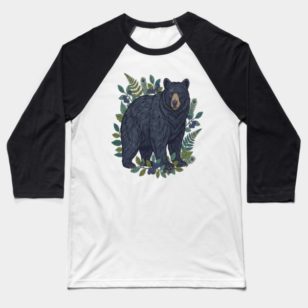 Black Bear with Wild Blueberries Baseball T-Shirt by BirdsnStuff