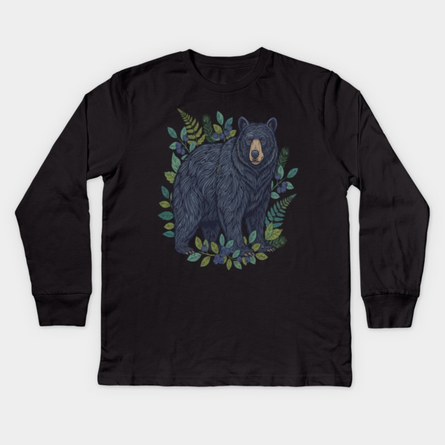 Black Bear with Wild Blueberries Kids Long Sleeve T-Shirt by BirdsnStuff