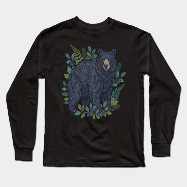 Black Bear with Wild Blueberries Long Sleeve T-Shirt by BirdsnStuff